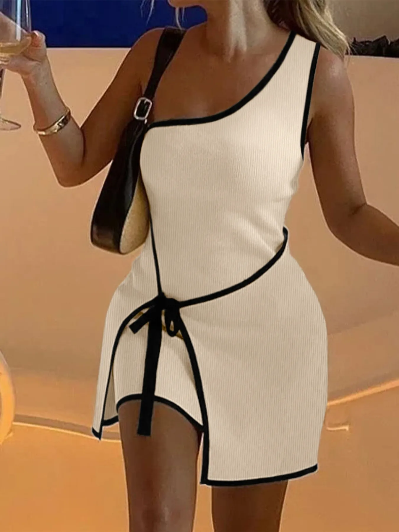 Contrast Trim Single Shoulder Mini Dress - Image 7