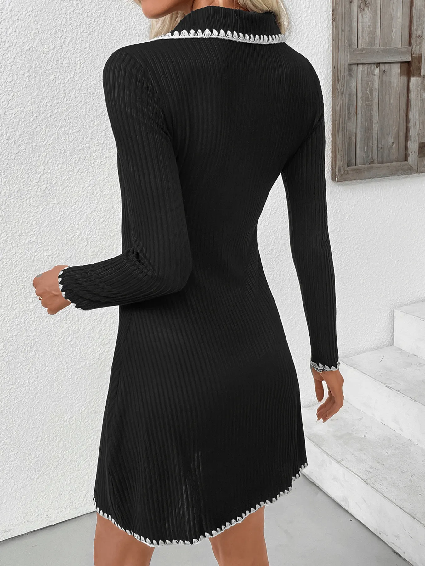 Contrast Trim Texture Long Sleeve Sweater Dress - Image 5