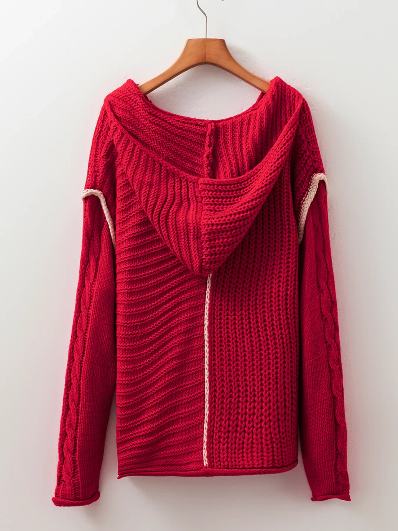 Contrast Trim Textured Knit Drawstring Hooded Sweater - Image 9