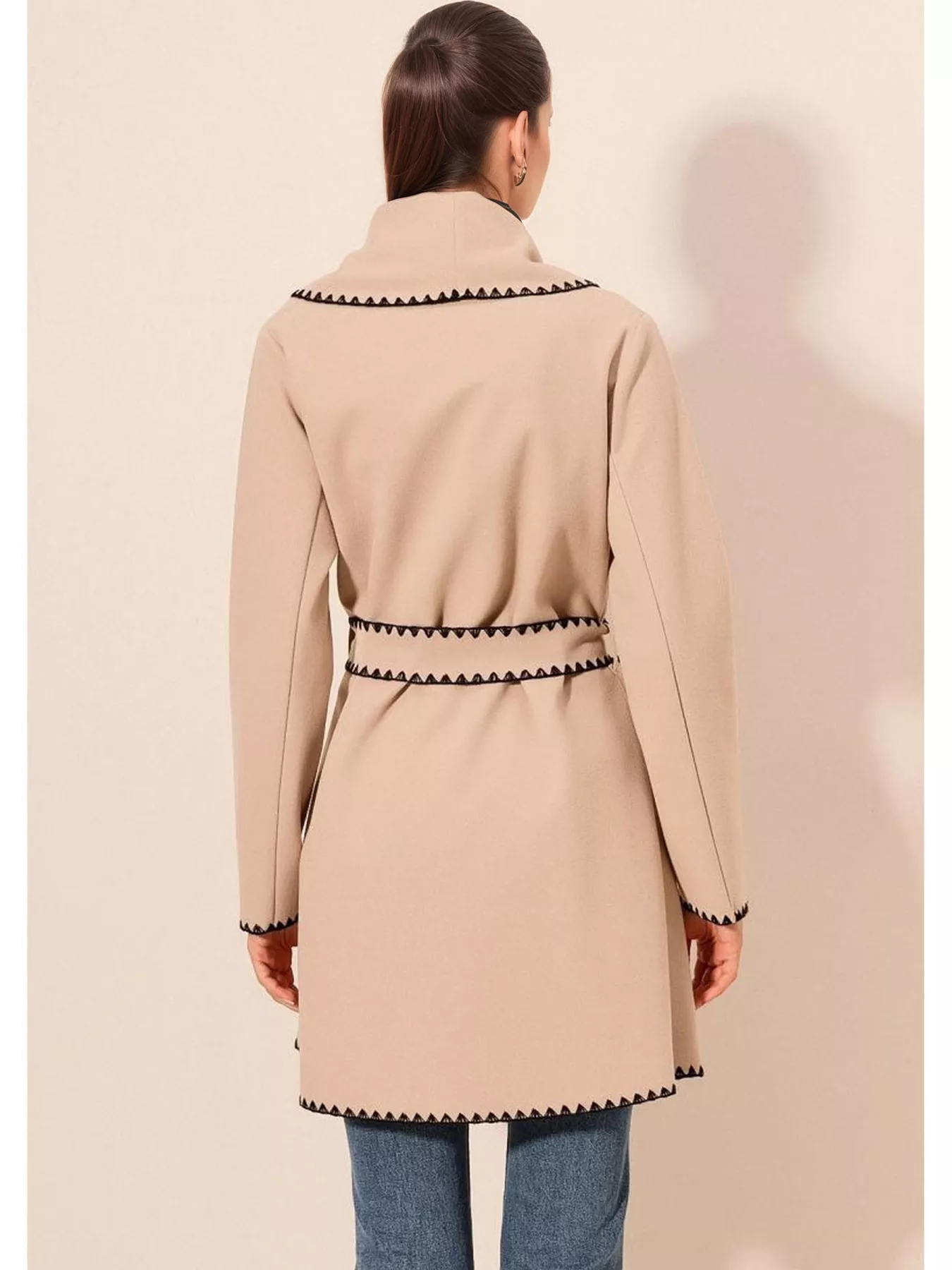 Contrast Trim Tie Waist Outerwear - Image 3