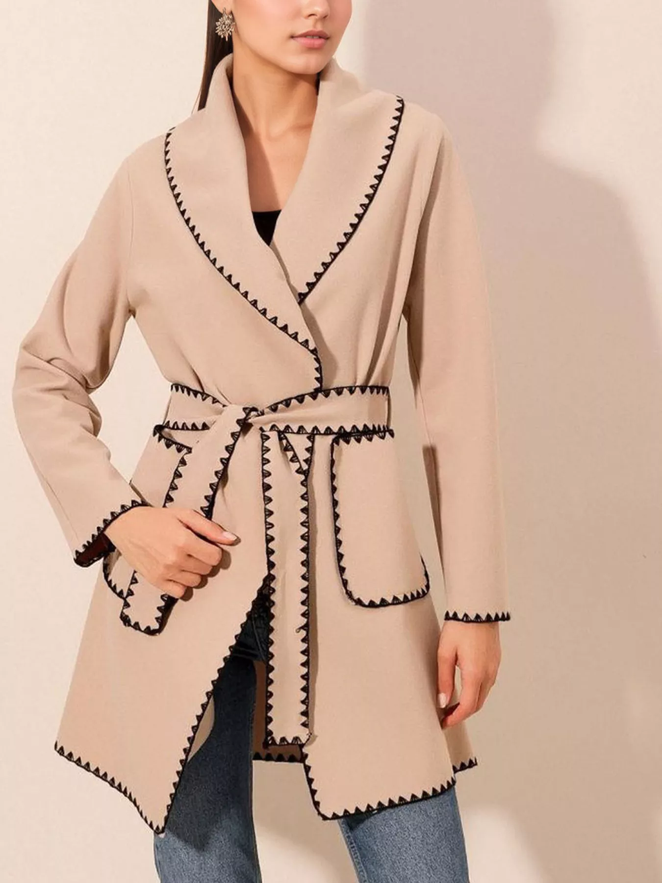 Contrast Trim Tie Waist Outerwear - Image 4