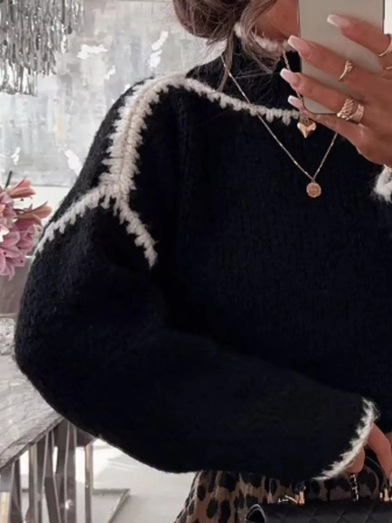 Contrast Trim Turtleneck Long Sleeve Sweater - Image 9