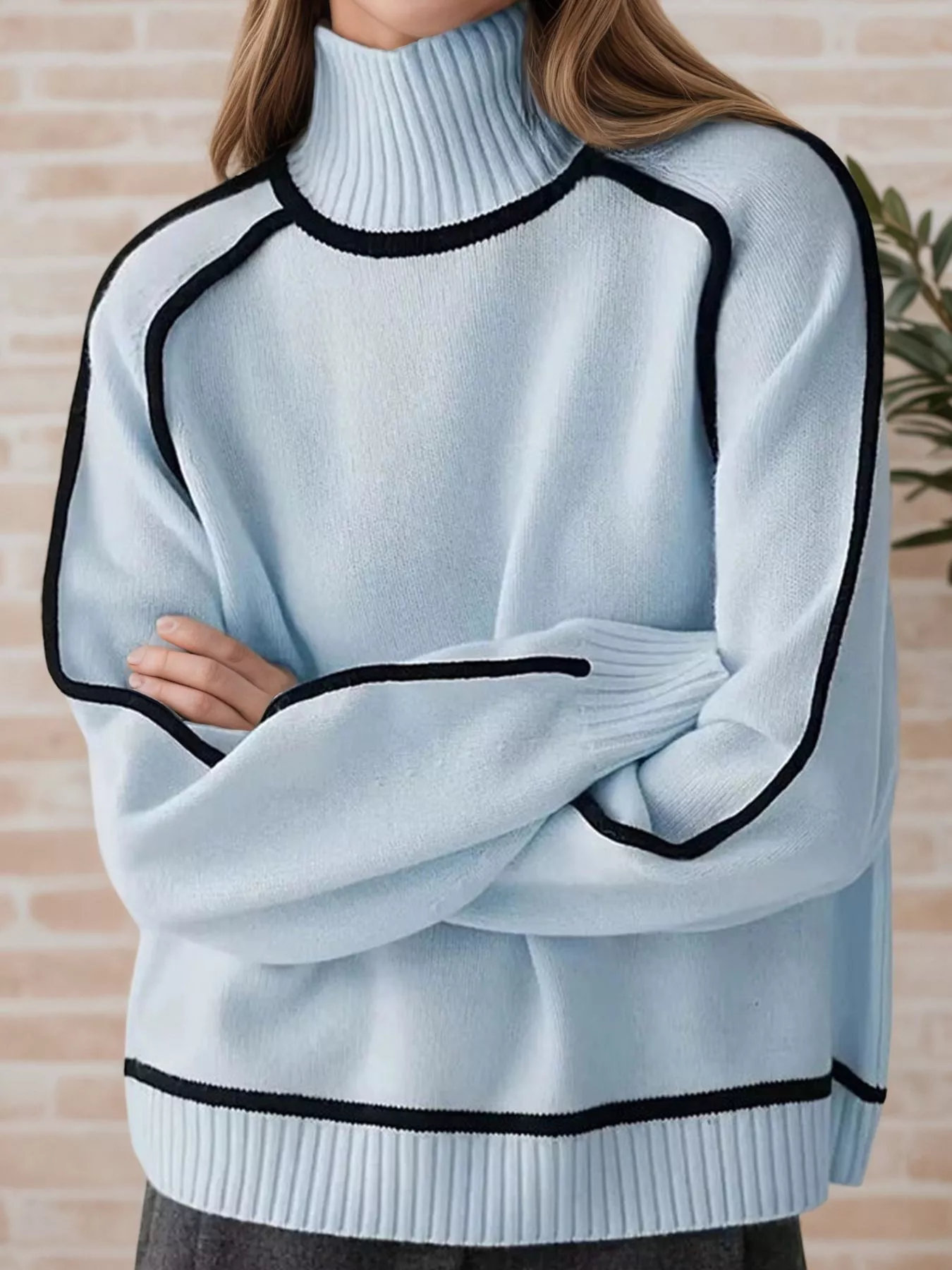 Contrast Trim Turtleneck Sweater - Image 14