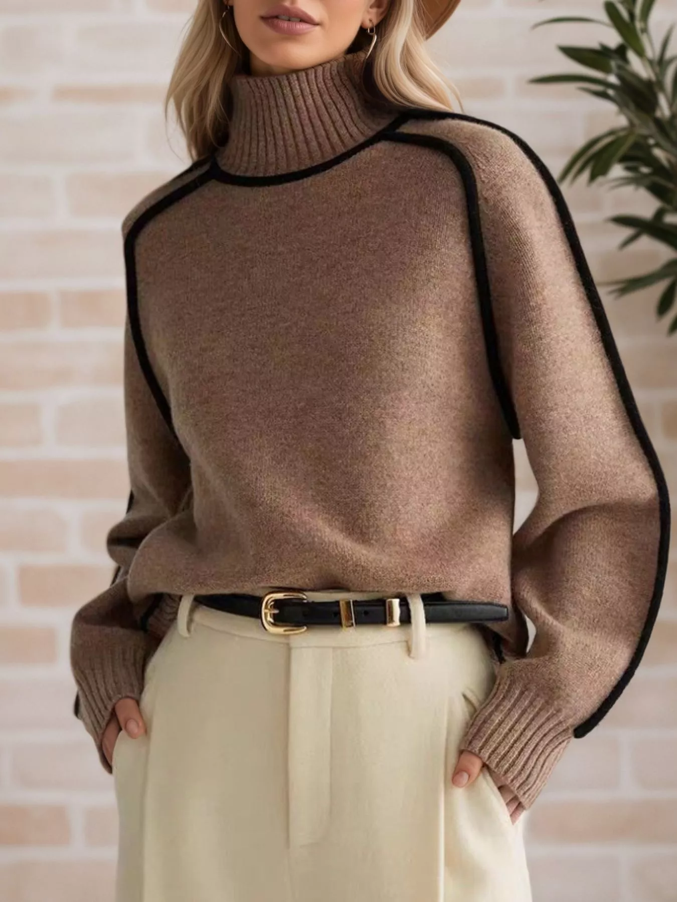 Contrast Trim Turtleneck Sweater - Image 8
