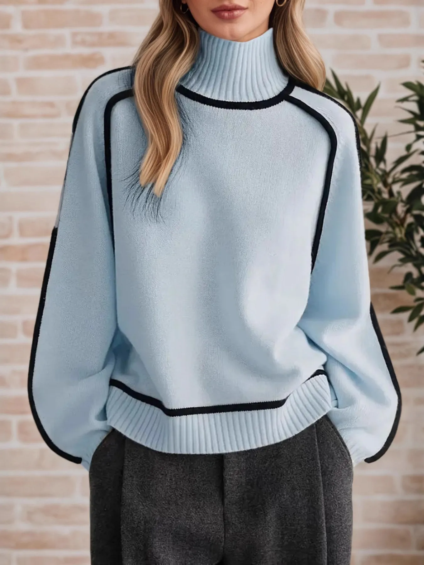 Contrast Trim Turtleneck Sweater - Image 12