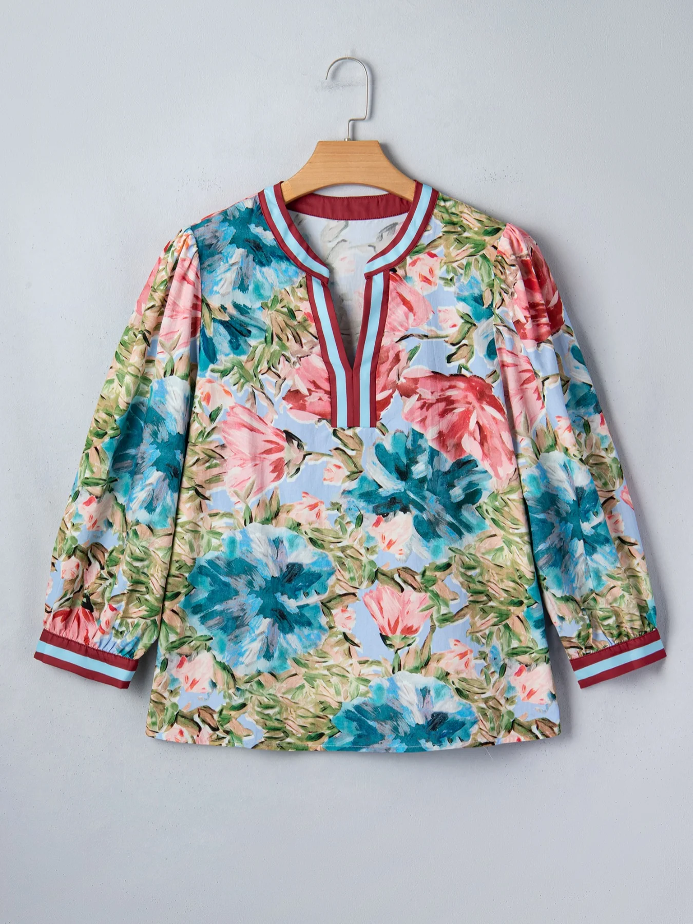 Contrast Trim V Neck Cuffed Bracelet Sleeve Floral Blouse - Image 6