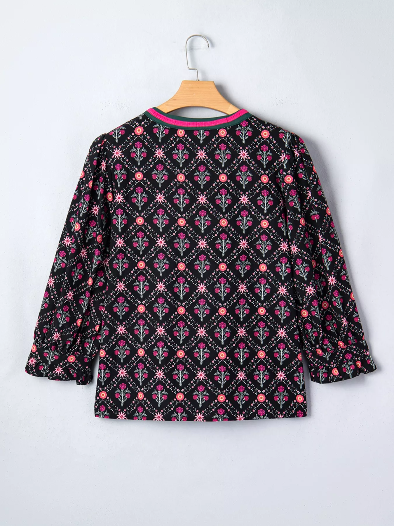 Contrast V Neckline Bracelet Sleeve Vintage Floral Blouse - Image 4