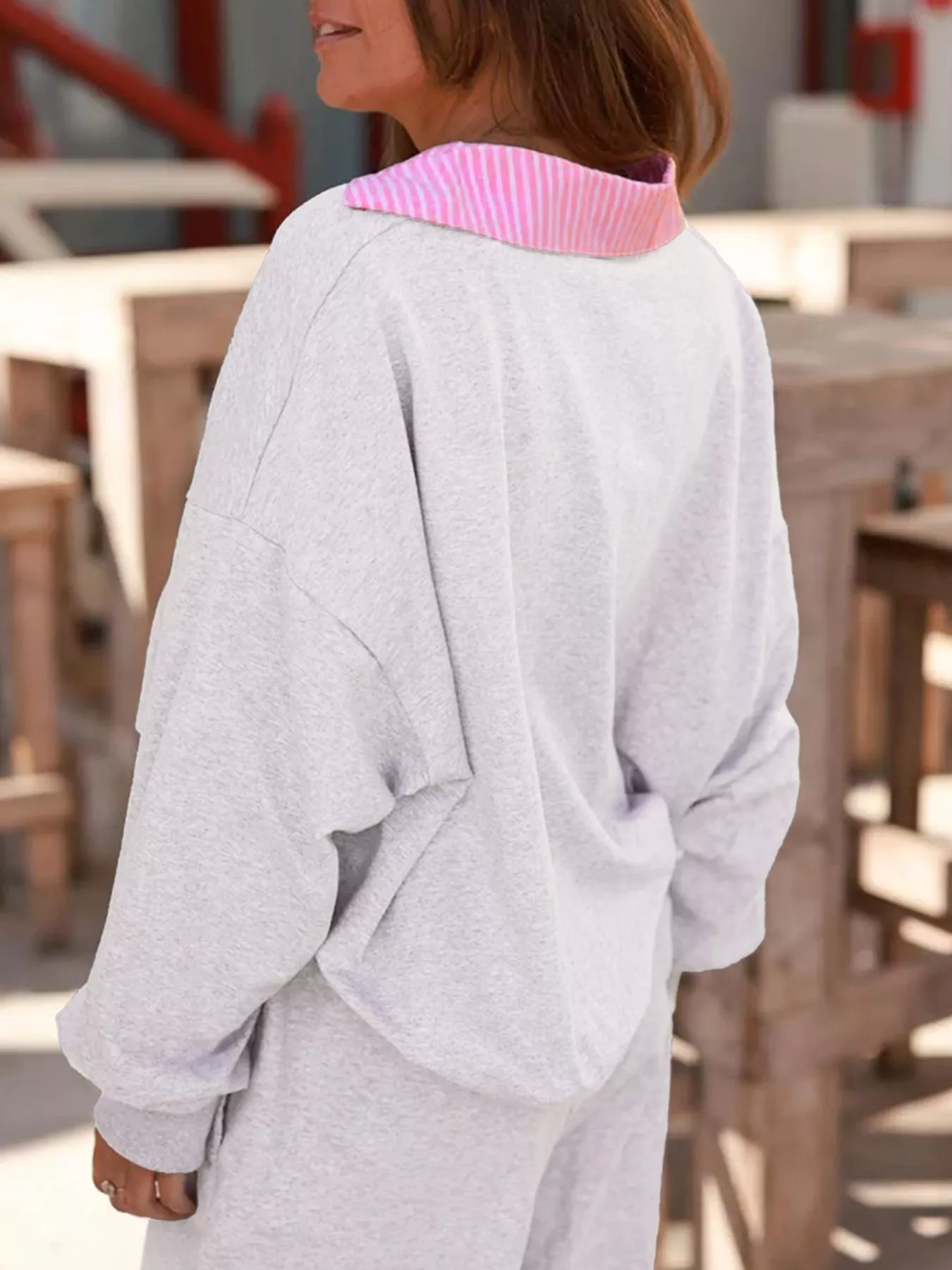 Contrasted Trim Frilled Collar Drop Shoulder Top and Drawstring Pant Set - Image 2