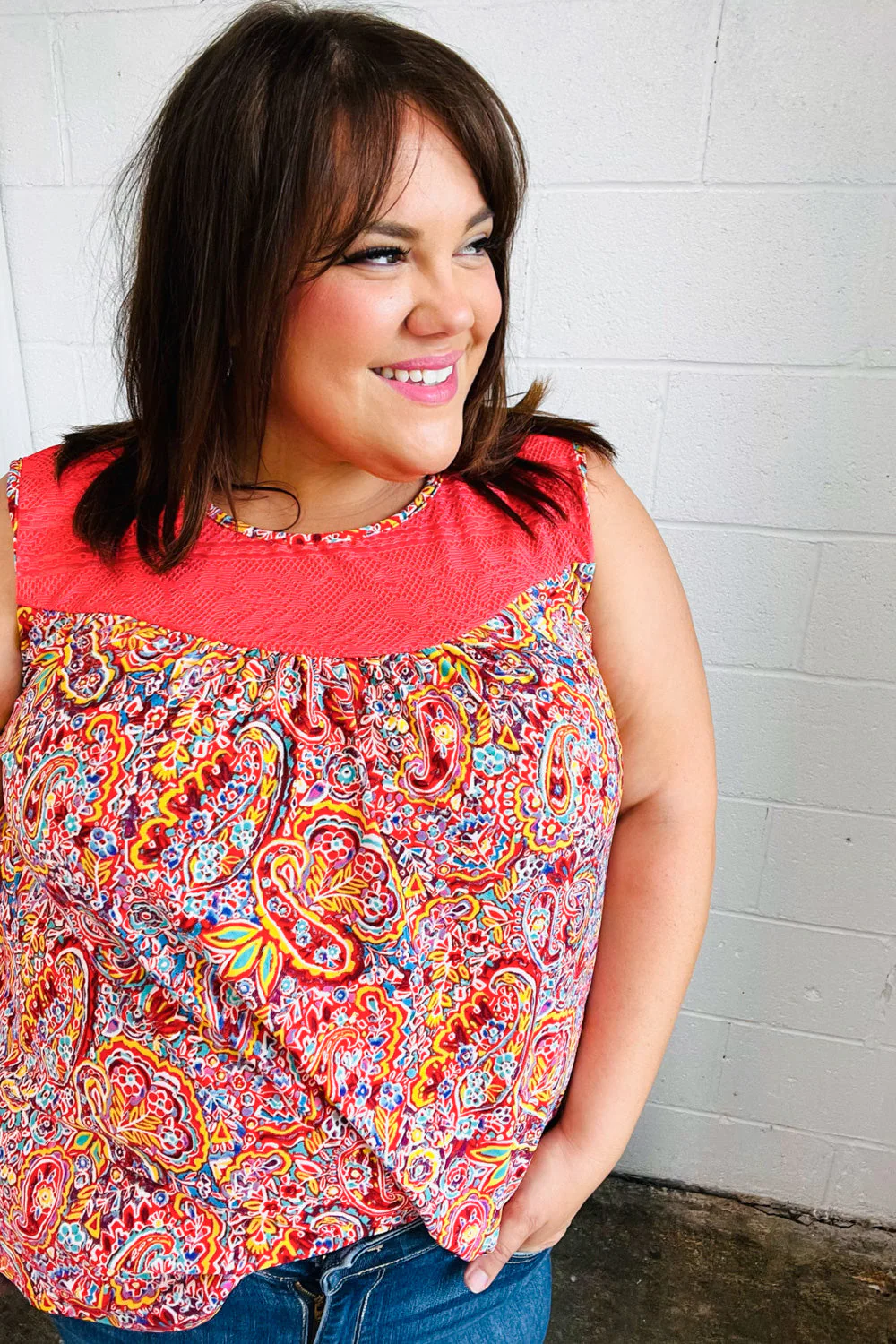 Coral Jacquard Lace Paisley Print Tank Top - Image 10