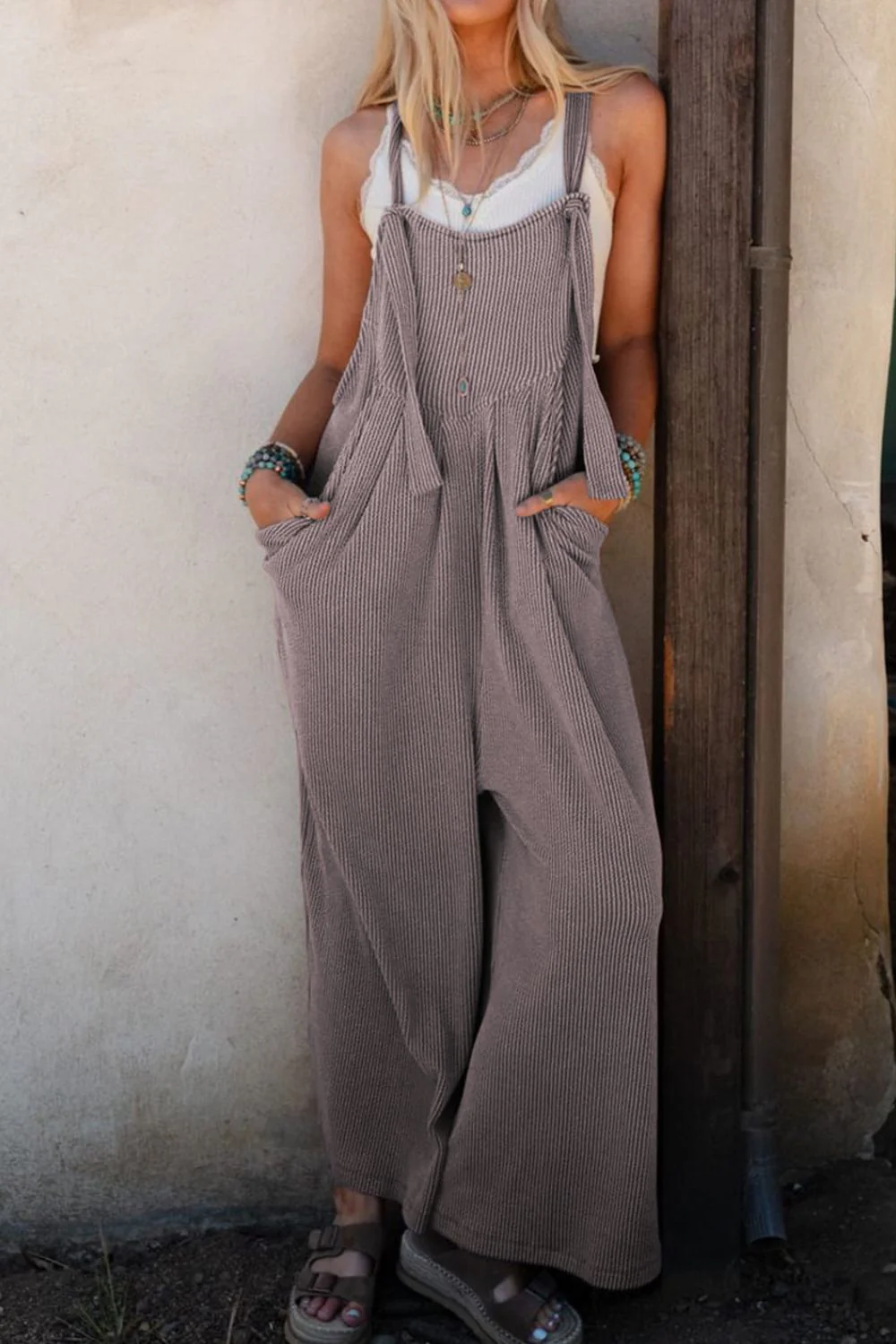 Corded Adjustable Straps Wide Leg Loose Overalls - Image 9