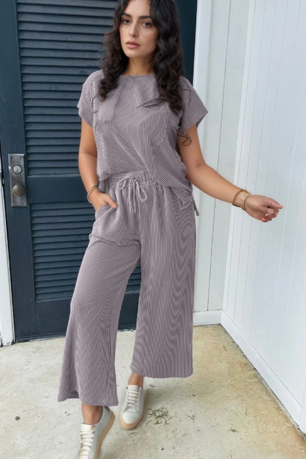 Corded Knit Short Sleeve T-Shirt and Wide Leg Pants Set - Image 10