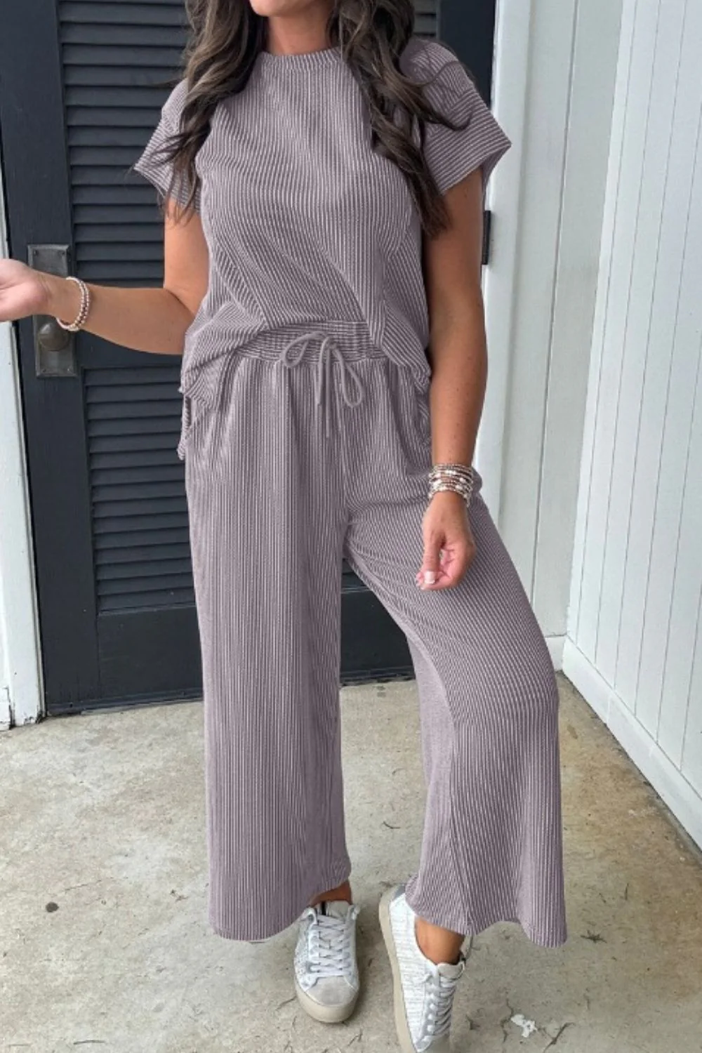 Corded Knit Short Sleeve T-Shirt and Wide Leg Pants Set - Image 11