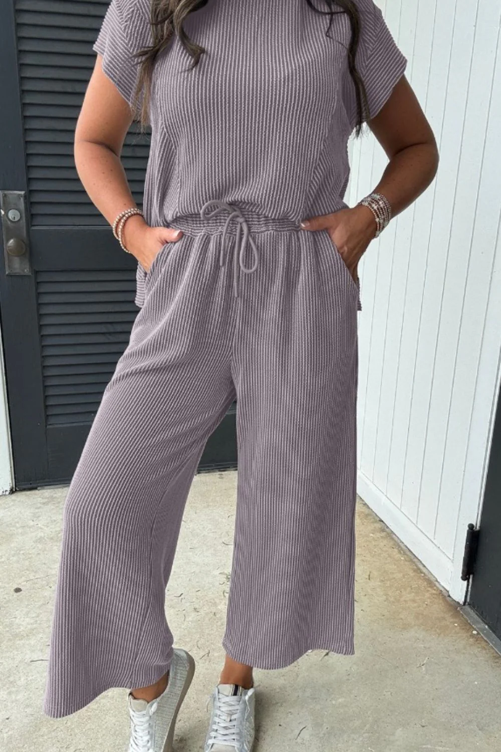 Corded Knit Short Sleeve T-Shirt and Wide Leg Pants Set - Image 12