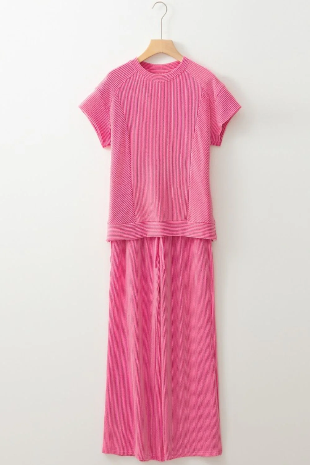 Corded Knit Short Sleeve T-Shirt and Wide Leg Pants Set - Image 5