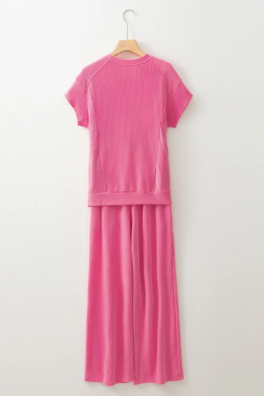 Corded Knit Short Sleeve T-Shirt and Wide Leg Pants Set - Image 6