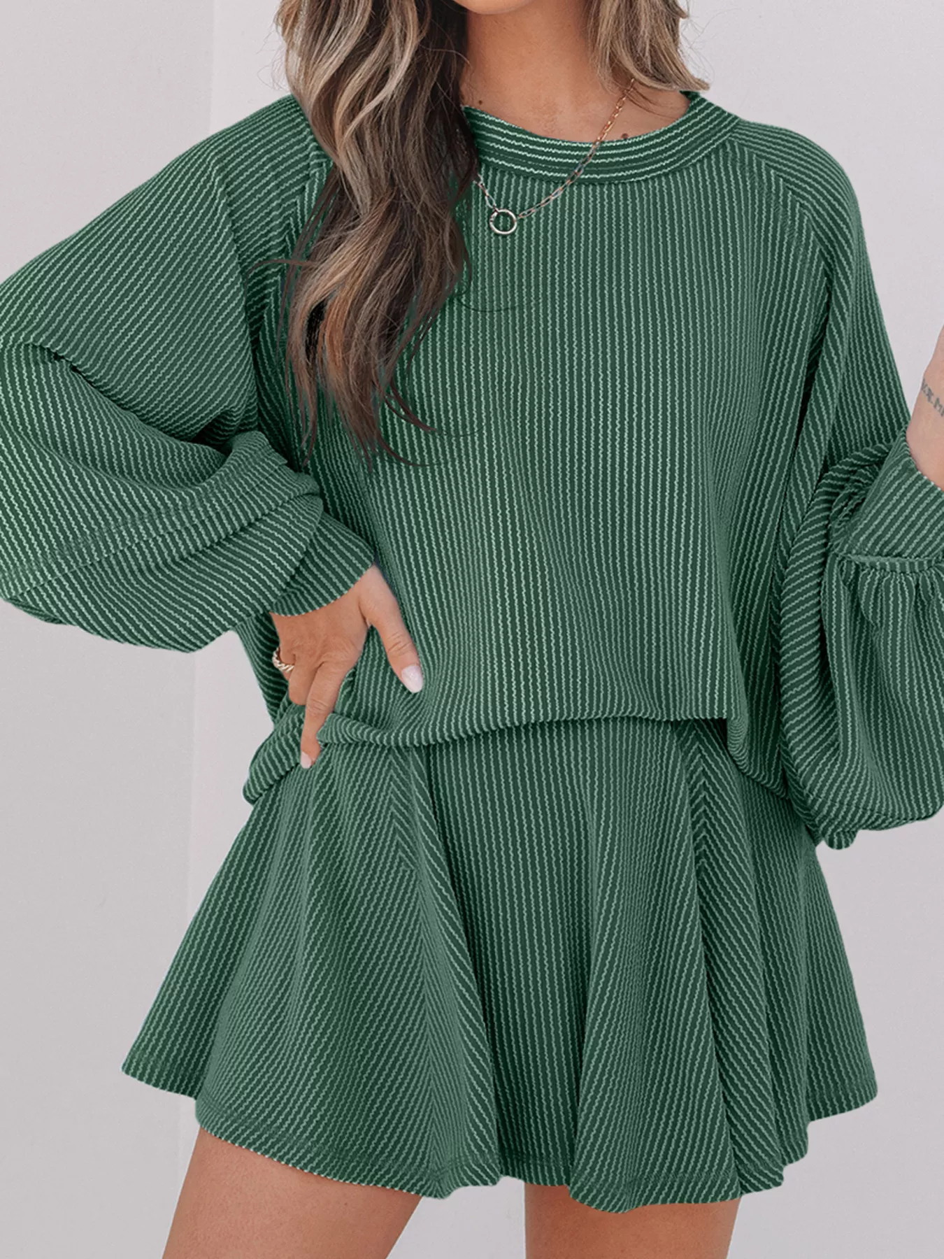 Corded Lantern Sleeve Top and High Waist Mini Skirt Set - Image 3