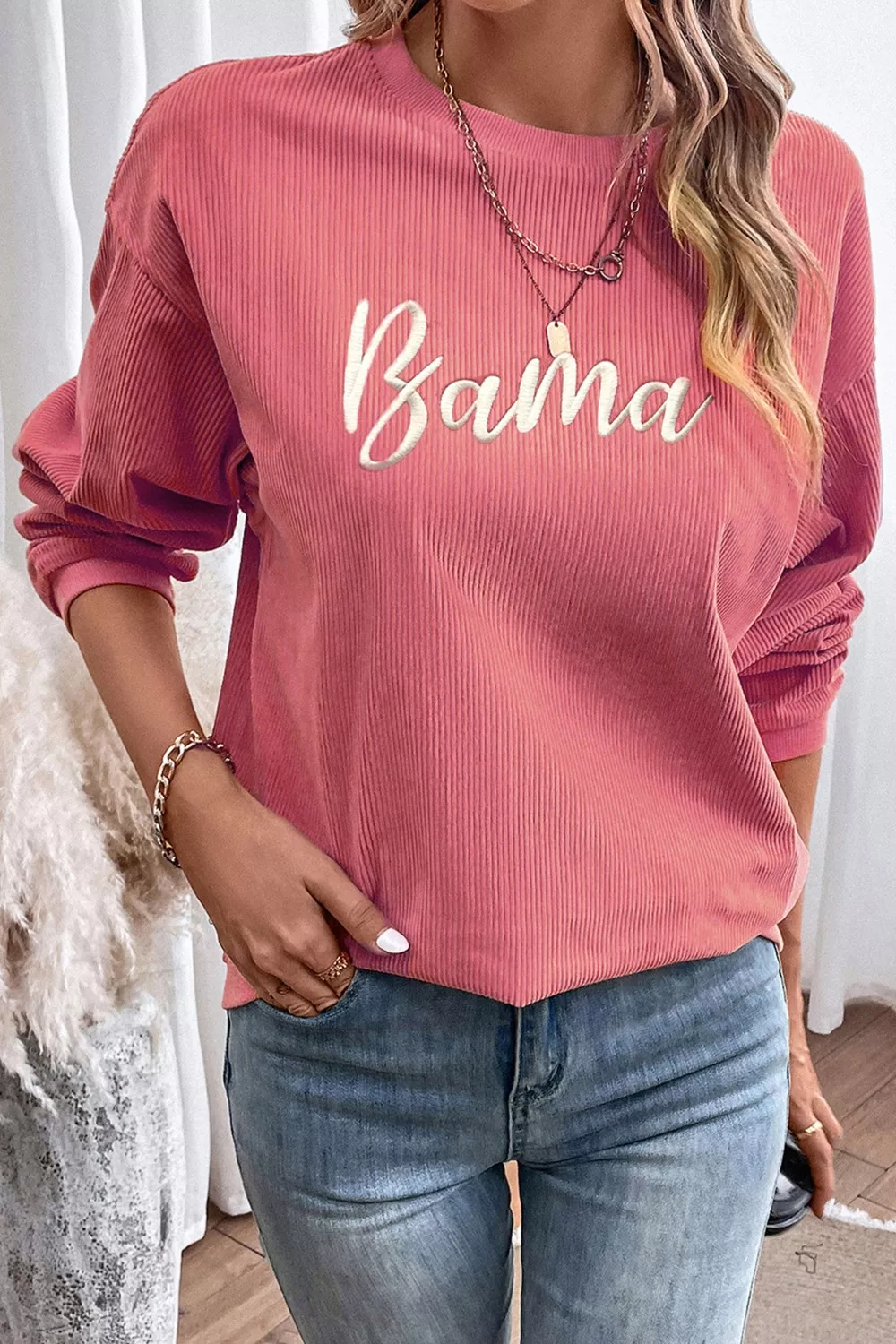 Corded Ribbed Bama Embroidered Letter Graphic Sweatshirt - Image 4
