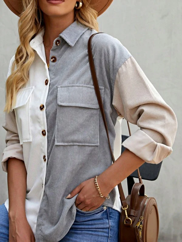 Corduroy Boho Patch Button Shirt Shacket - Image 6