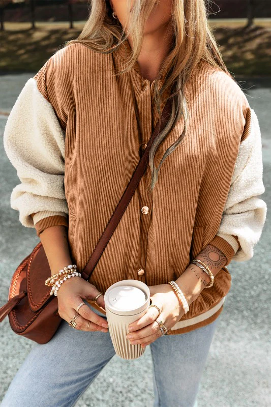 Corduroy Fleece Patchwork Buttoned Bomber Jacket - Image 5