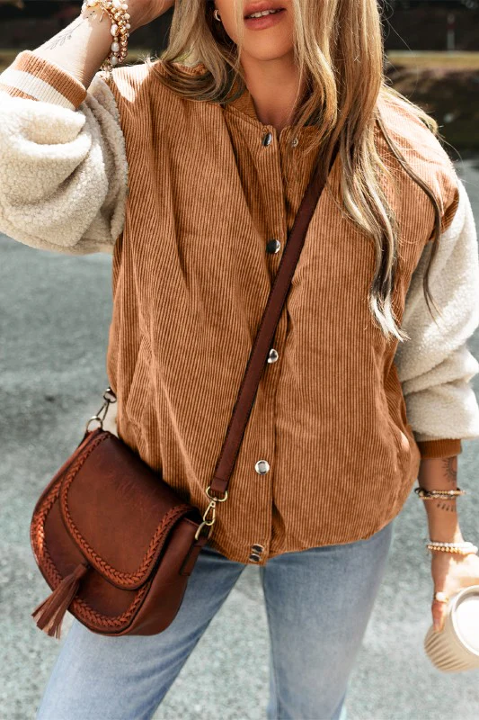 Corduroy Fleece Patchwork Buttoned Bomber Jacket - Image 6
