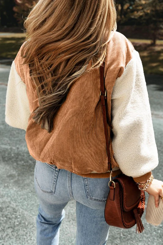 Corduroy Fleece Patchwork Buttoned Bomber Jacket - Image 7