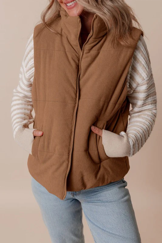 Corduroy Stand Neck Zipped Puffer Vest - Image 10
