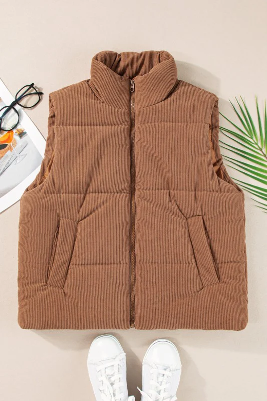 Corduroy Stand Neck Zipped Puffer Vest - Image 12