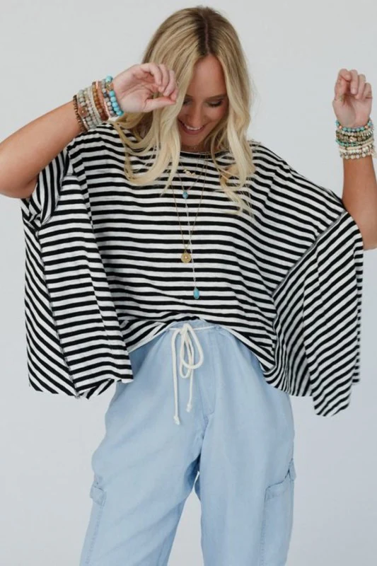 Cotton Black Striped Batwing Sleeve Oversized Top - Image 4