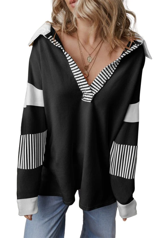 Cotton Black Striped Patchwork Collar Sweatshirt - Image 11