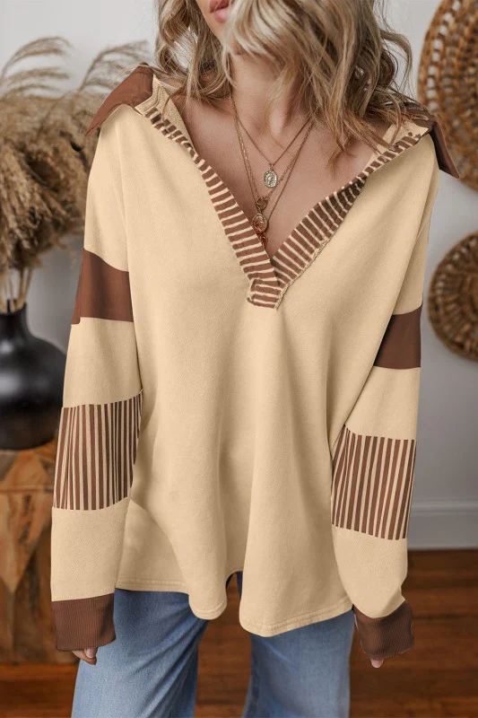 Cotton Black Striped Patchwork Collar Sweatshirt - Image 12