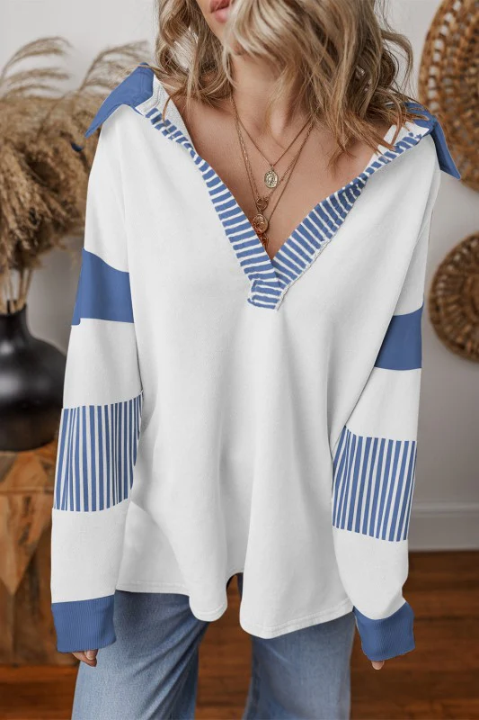 Cotton Black Striped Patchwork Collar Sweatshirt - Image 23