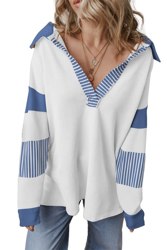Cotton Black Striped Patchwork Collar Sweatshirt - Image 25