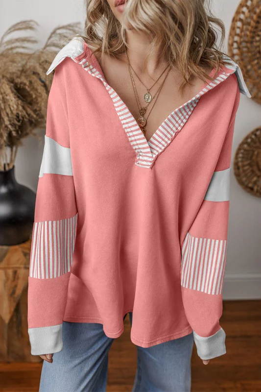 Cotton Black Striped Patchwork Collar Sweatshirt - Image 26