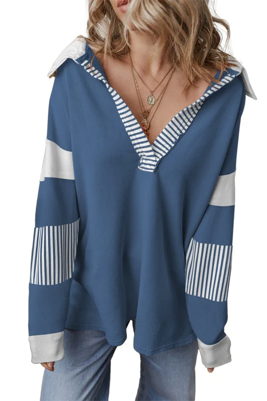 Cotton Black Striped Patchwork Collar Sweatshirt - Image 31