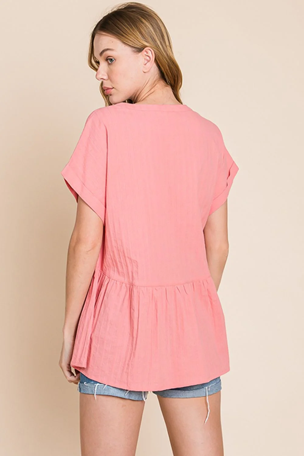 Cotton Bleu by Nu Label Notched Short Sleeve Peplum Top - Image 2