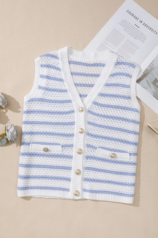 Cotton Blue Striped V Neck Button Knit Vest - Image 2