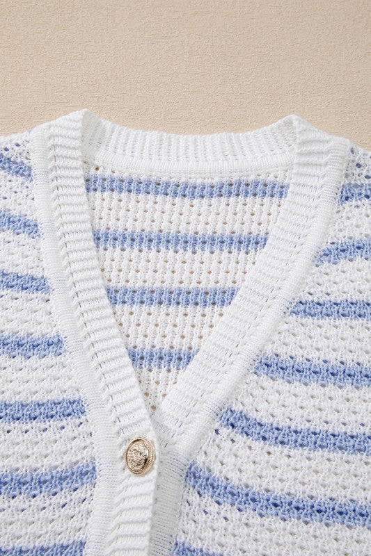 Cotton Blue Striped V Neck Button Knit Vest - Image 6