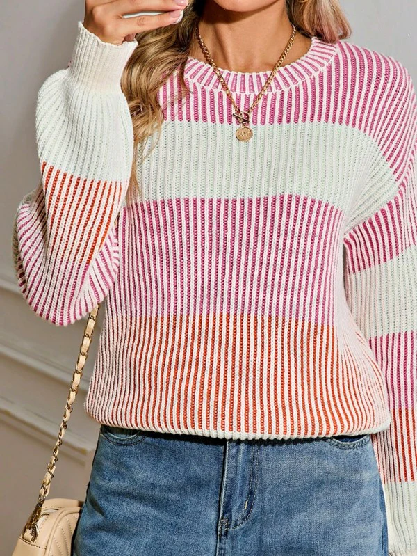 Cotton Color block Lantern Rib Knitted Sweater - Image 8