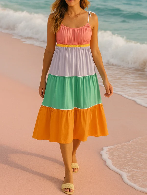 Cotton Color Tie Straps Block Maxi Dress