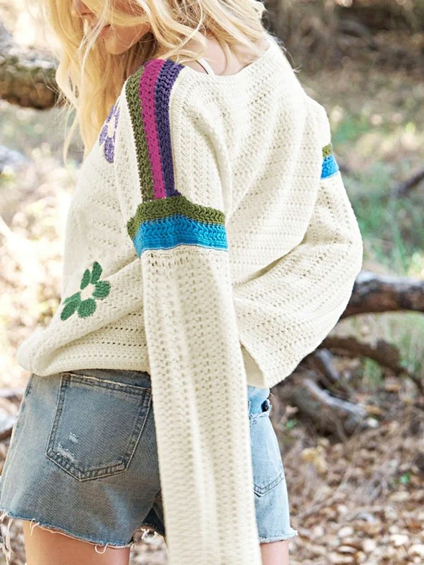 Cotton Eyelet Boho Floral Knit Sweater - Image 3