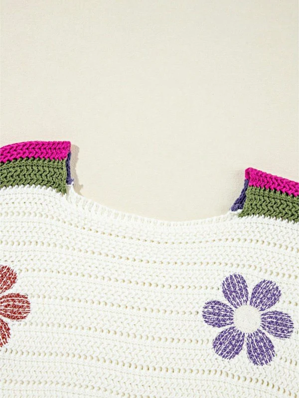 Cotton Eyelet Boho Floral Knit Sweater - Image 6