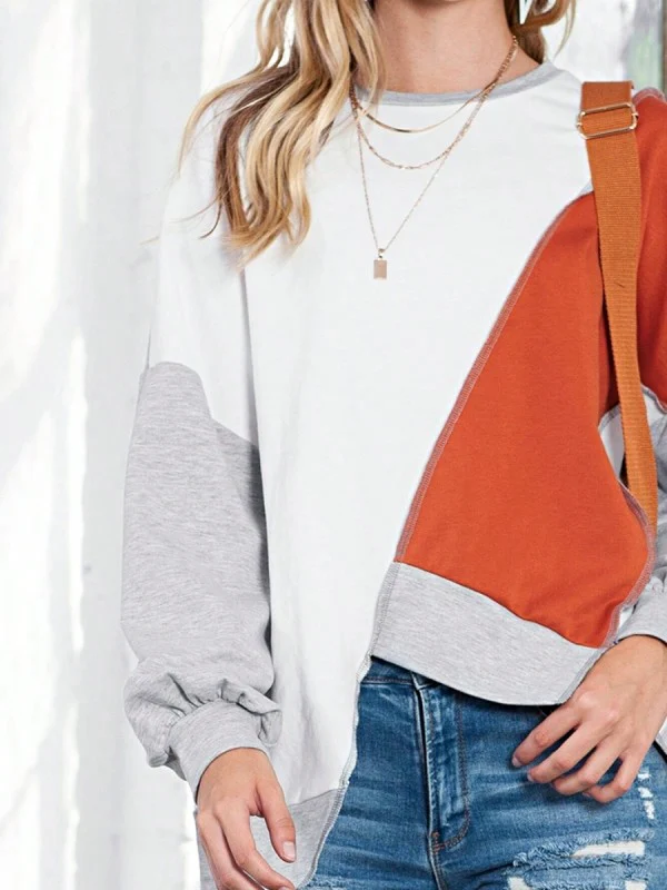 Cotton Stitching Irregular Hem Block  Pullover - Image 10