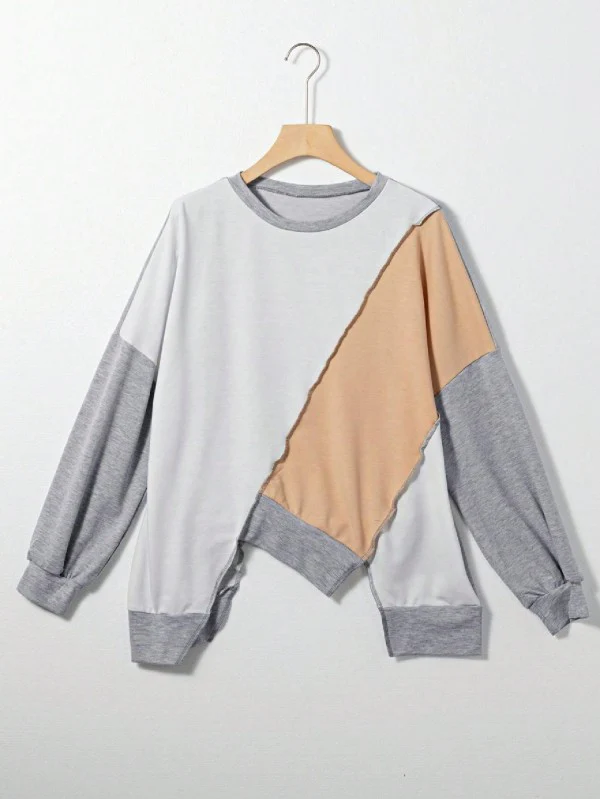 Cotton Stitching Irregular Hem Block  Pullover - Image 21