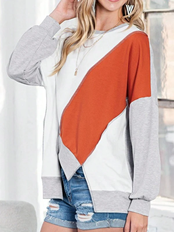 Cotton Stitching Irregular Hem Block  Pullover - Image 9