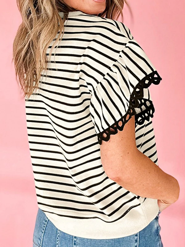 Cotton Stripe Scallop Lace Ruffle Sleeves Top - Image 4