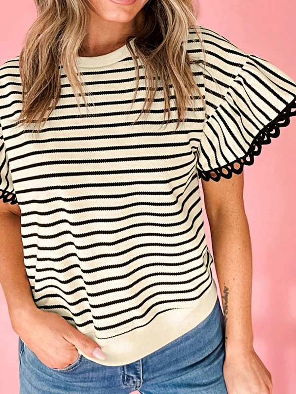 Cotton Stripe Scallop Lace Ruffle Sleeves Top - Image 5