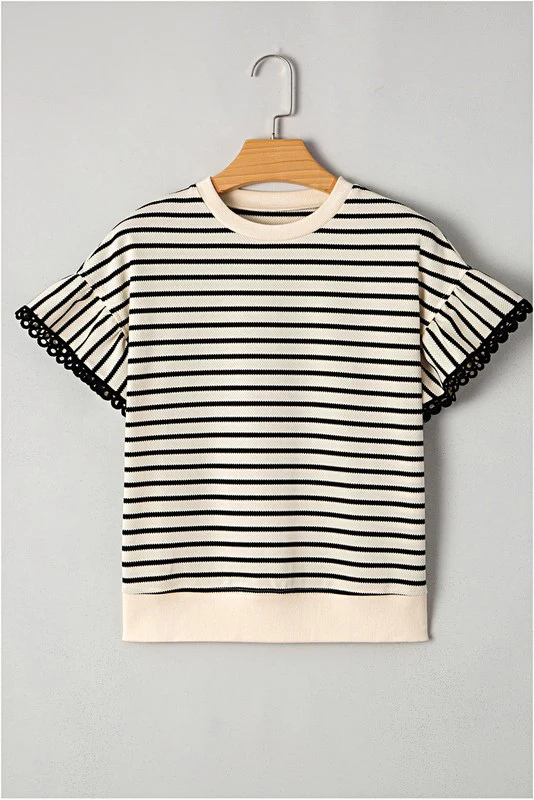 Cotton Stripe Scallop Lace Ruffle Sleeves Top - Image 7