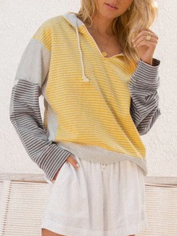 Cotton Stripe V Neck Loose Fit Hooded Pull Over - Image 3