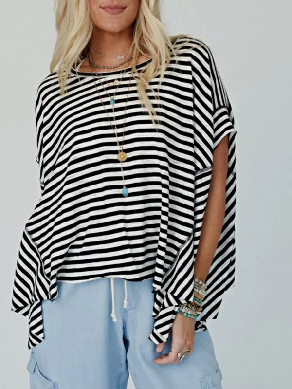 Cotton Striped Batwing Sleeve Oversized Top - Image 5