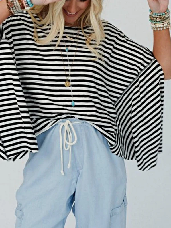 Cotton Striped Batwing Sleeve Oversized Top - Image 6